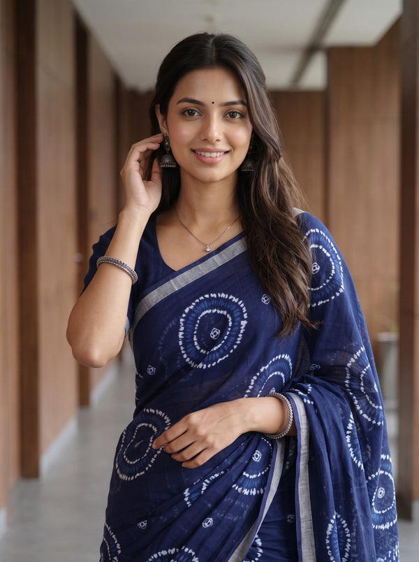 Cotton Batik Print Saree in Navy Blue with Tie-Dye Circle Motifs