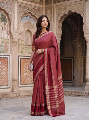 Semi Silk Red Saree with Golden Dotted Check Weave and Striped Border