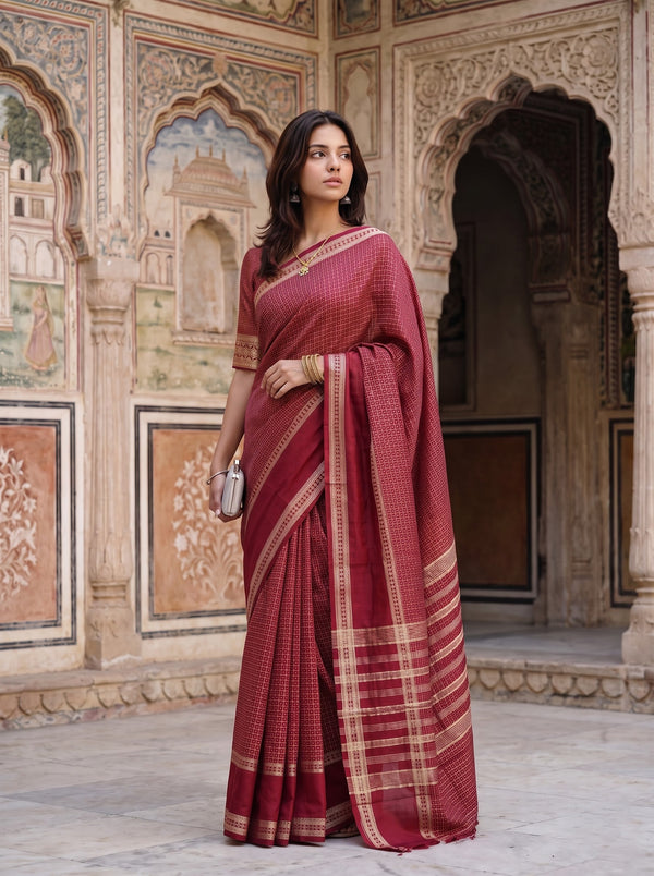 Semi Silk Red Saree with Golden Dotted Check Weave and Striped Border