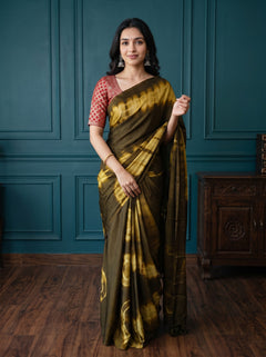 Synthetic Khaki Yellow Tie Dye Ring Pattern Saree with Tassels