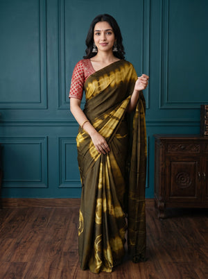 Synthetic Khaki Yellow Tie Dye Ring Pattern Saree with Tassels