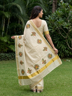Tissue Cream Radha Krishna Peacock Print Kerala Saree with Golden Border