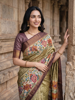 Tussar Silk Olive Green Saree with Kantha Embroidered Rose Floral Pallu