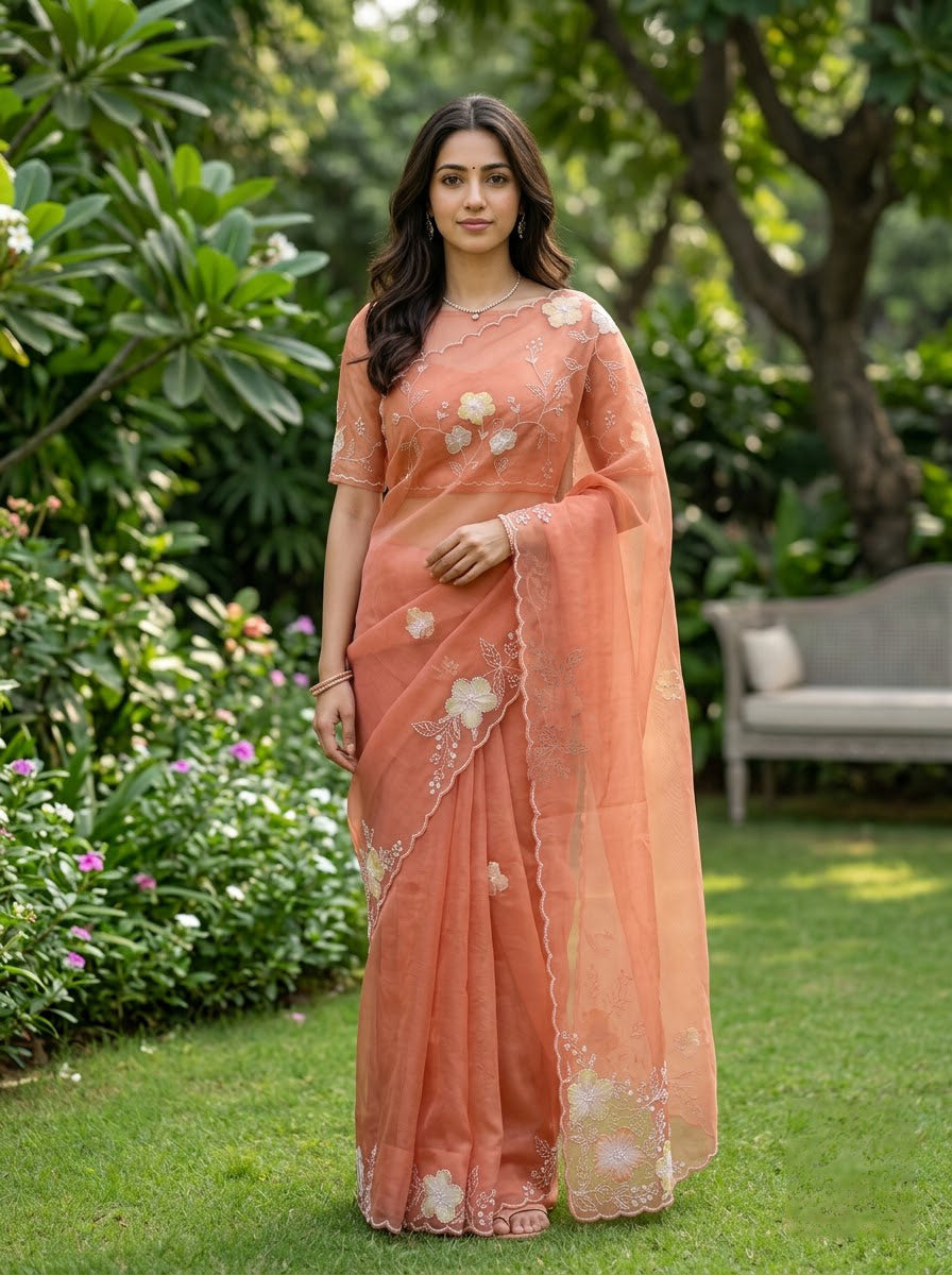 Organza Peach Corner Floral Embroidery Beaded Scalloped Border Saree