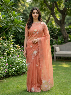 Organza Peach Corner Floral Embroidery Beaded Scalloped Border Saree