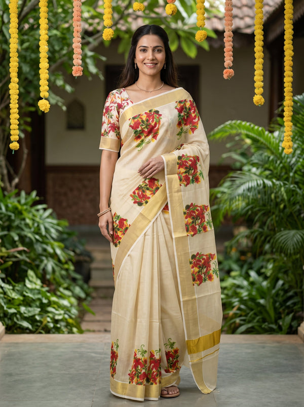 Tissue Cream Floral Print  Onam Special Kerala  Saree with Golden Border