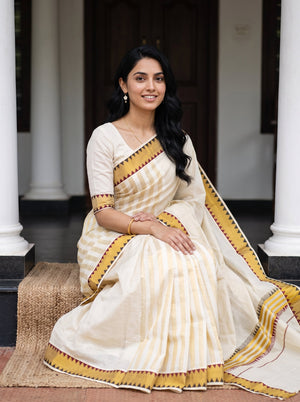 Tissue Cream Yellow Zigzag Temple Border Onam Kerala Saree