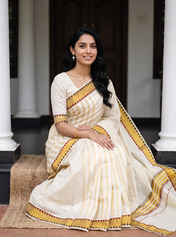 Tissue Cream Yellow Zigzag Temple Border Onam Kerala Saree