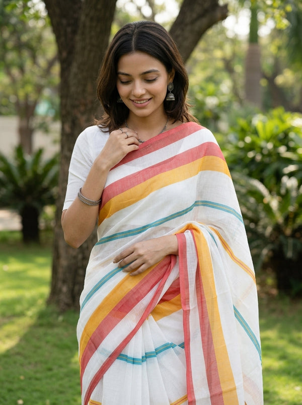 Cotton White & Multicolor Stripe Saree with Tassel Pallu