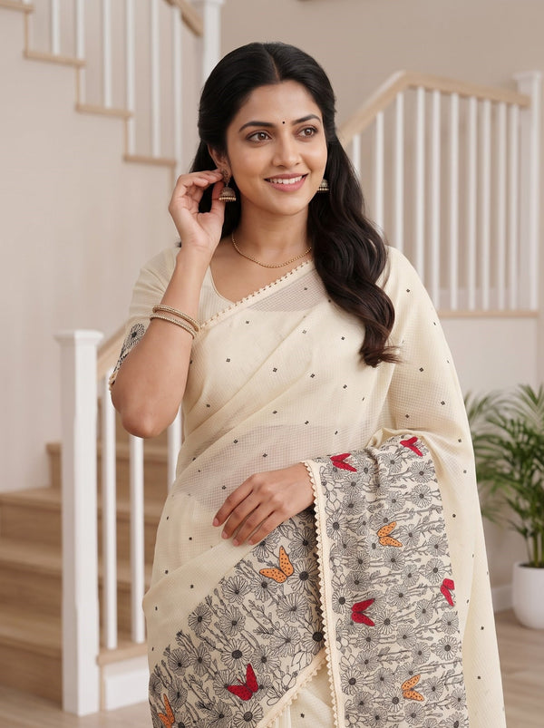 Net Kota Saree in Lemon Yellow with Black Floral Butterfly Print