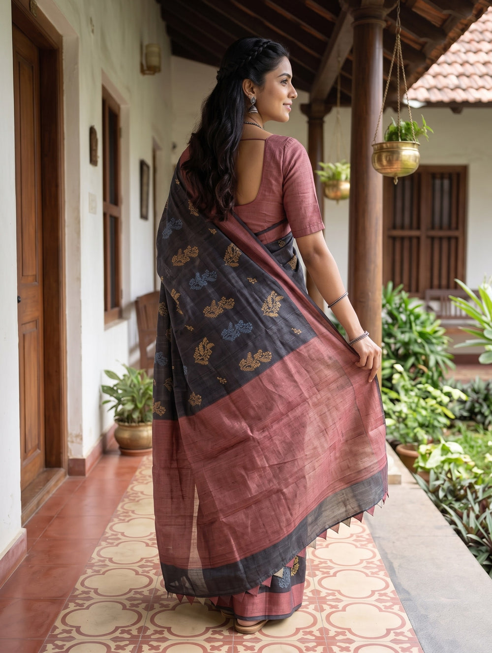 Tussar Silk Black and Maroon Saree with Triangle and Embroidered Border Pallu
