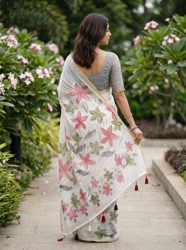 A woman wearing a white saree with pink and green floral patterns and a gray sleeveless blouse, standing on a garden path.