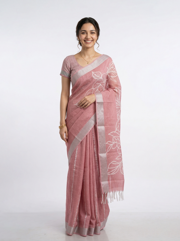 Semi Linen Dusty Pink Floral Print Saree with Silver Zari Border