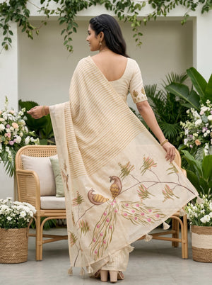 Tissue Cream Peacock Pair Beaded Sequin Embroidered Pallu Saree with Mustard Stripes