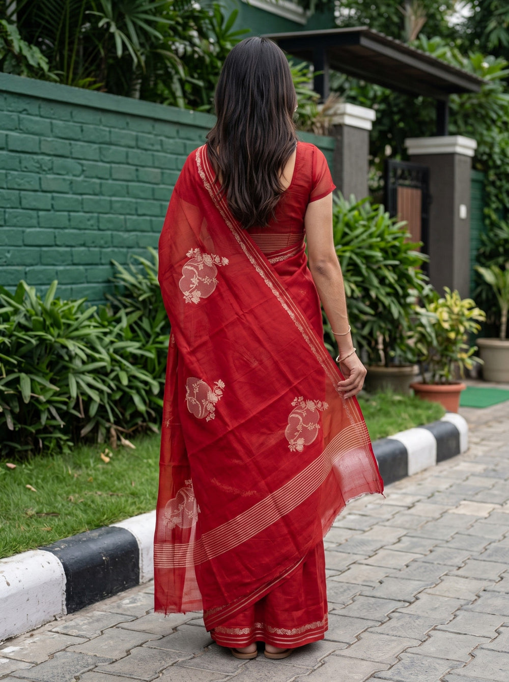 Organza Red Woven Flower Motif Zari Stripe Border Saree