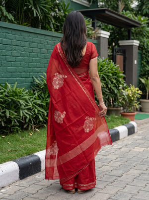 Organza Red Woven Flower Motif Zari Stripe Border Saree