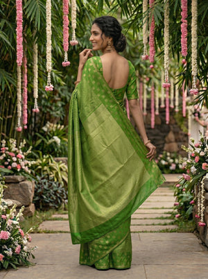 Kanjivaram Parrot Green Saree with All-Over Chevron Weave & Gold Floral Border