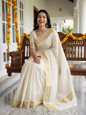 Cotton Cream Golden Pinstripe Zigzag Border Onam Special Kerala Saree