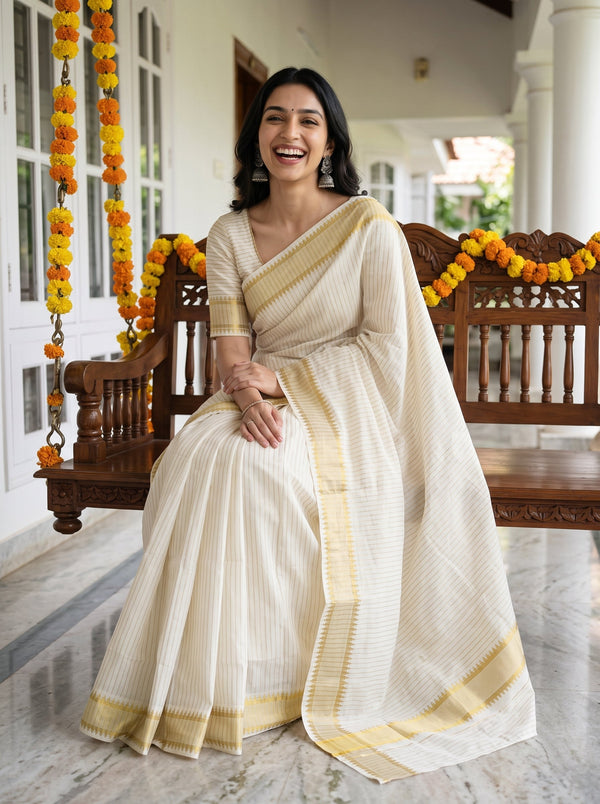 Cotton Cream Golden Pinstripe Zigzag Border Onam Special Kerala Saree