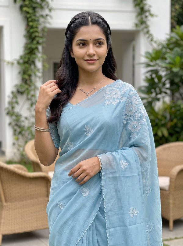 Organza Sky Blue Self-Tone Floral Embroidered Scalloped Border Saree