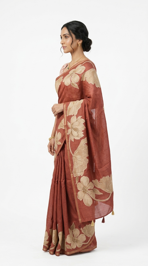 Cotton Rust Terracotta Floral Design Saree
