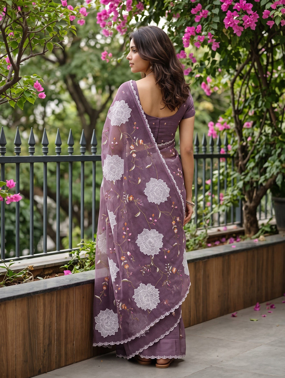 Net Kota Purple White Floral Embroidery Saree