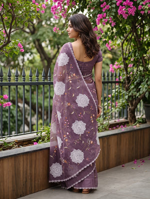Net Kota Purple White Floral Embroidery Saree