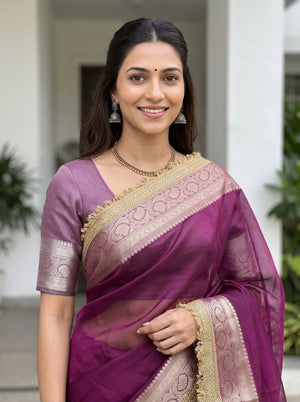 Tissue Banarasi Magenta Solid Saree with Gold Woven Border and Lace Edge