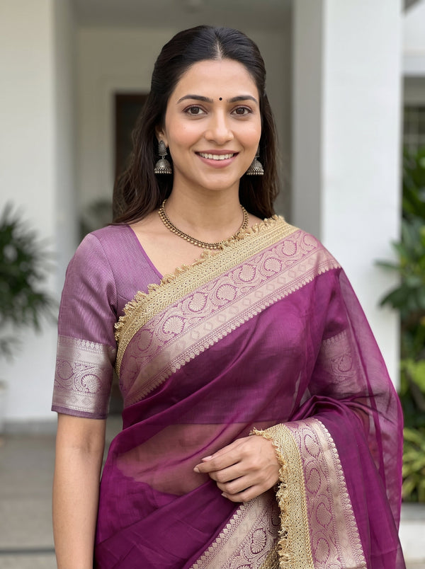 Tissue Banarasi Magenta Solid Saree with Gold Woven Border and Lace Edge