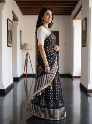 Linen Black Diamond Print Saree with Auto Rickshaw Border