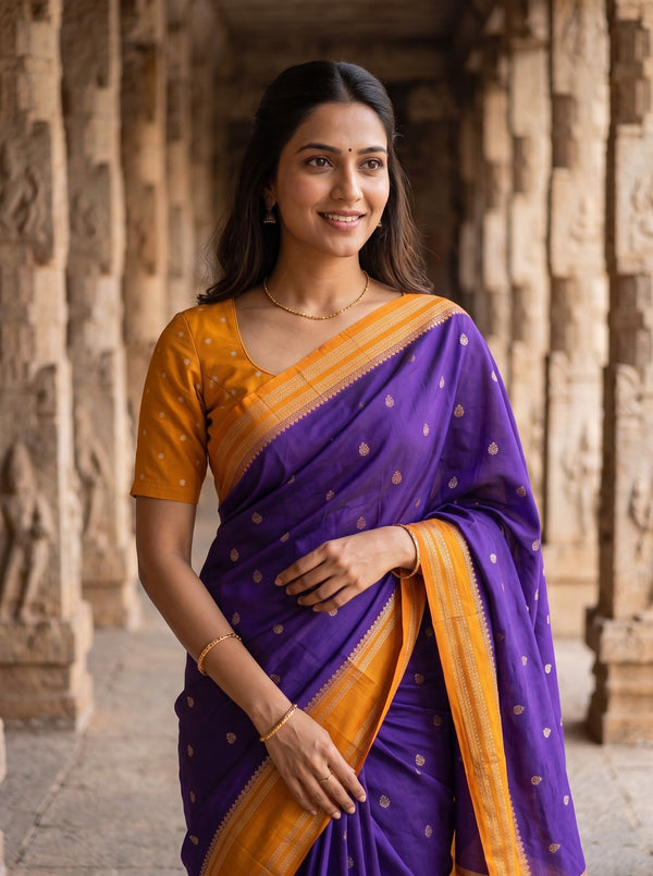 Semi Silk Purple Saree with Scattered Golden Butta Motifs and Orange Pallu
