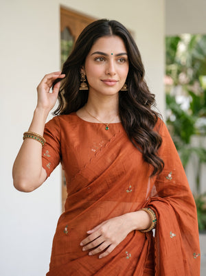 Chanderi Rust Deer Print Floral Embroidered Sequin Panel Pallu Saree