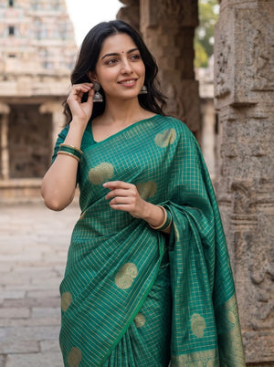 Pure Silk Peacock Green Saree with Golden Zari Butta Pallu and Checks