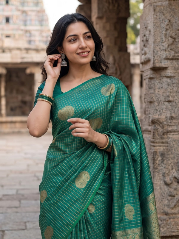 Pure Silk Peacock Green Saree with Golden Zari Butta Pallu and Checks