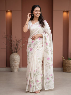 Chanderi Cotton Cream Saree with Pink Rose Floral Print
