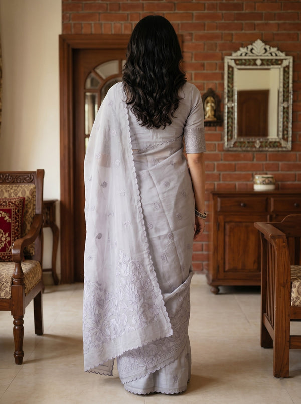 Kota Doria Lavender Self-Tone Floral Vine Border Saree