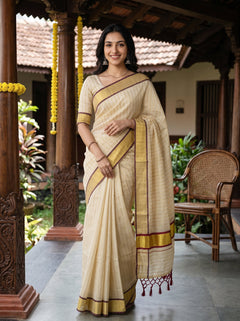 A woman wearing a cream-colored saree with gold and maroon borders, standing on a traditional wooden porch with a house and garden in the background.