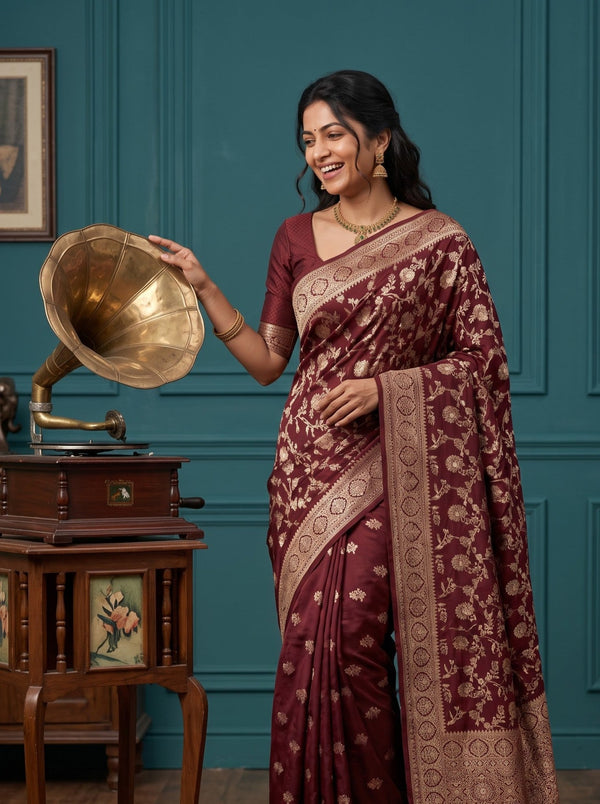 Banarasi Silk Maroon Golden Zari Floral Jaal Saree with Tassels