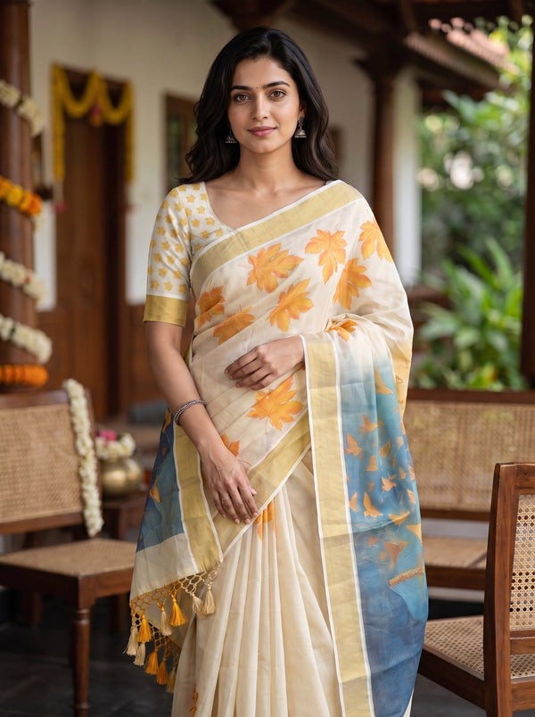 Tissue Cream Lord Krishna & Radha Print Pallu Set Saree