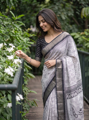 Polycotton White Black Kalamkari Peacock Pair Print Pallu Saree with Floral Paisley Body