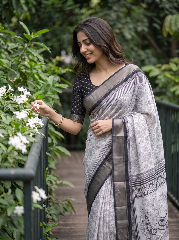 Polycotton White Black Kalamkari Peacock Pair Print Pallu Saree with Floral Paisley Body