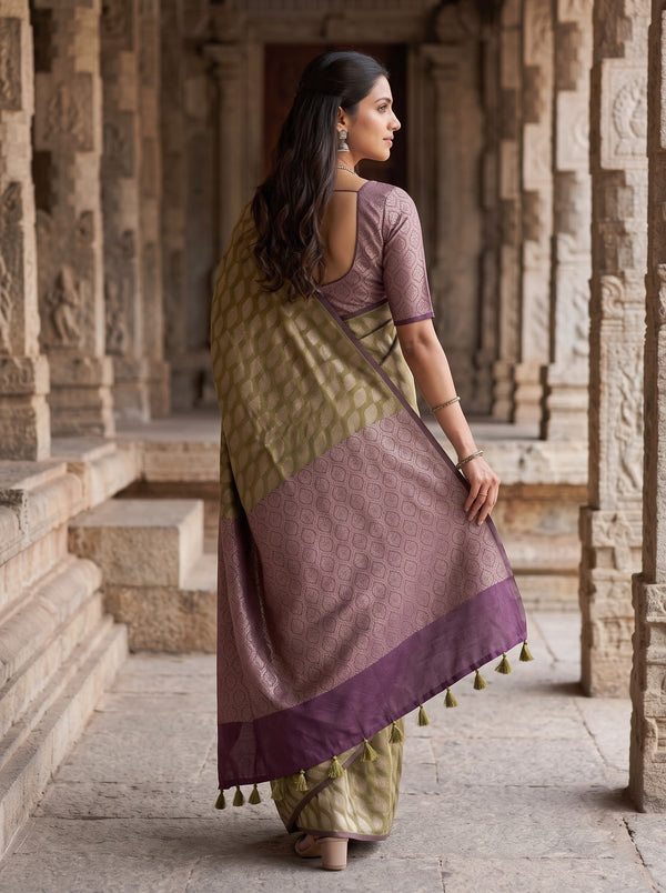 Matka Silk Olive Purple Diamond Lattice Pallu Saree with Tassels