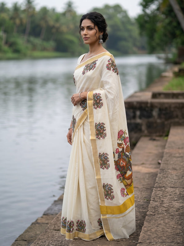 Cotton Off-White Mural Print With Golden Border Onam Special Kerala Saree