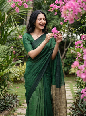 Linen Green Beige Colorblock Diagonal Border Saree