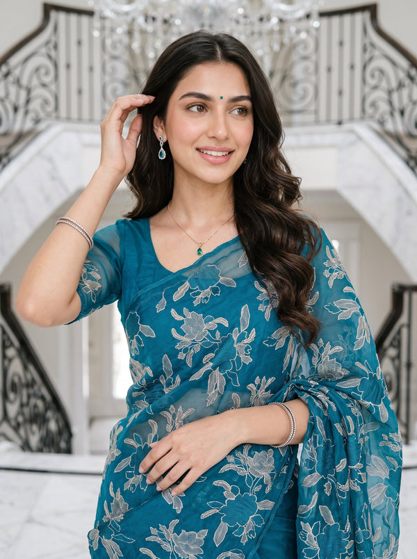 Organza Peacock Blue Allover Golden Thread Floral Bouquet Embroidered Scalloped Edge Saree