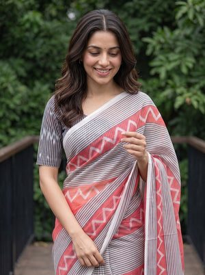 Cotton White Saree with Coral Pink Zigzag Chevron Border
