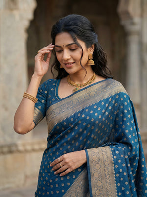 Banarasi Silk Peacock Blue Booti Print Saree with Zari Border
