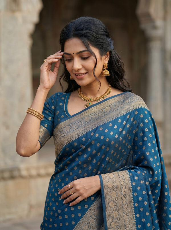 Banarasi Silk Peacock Blue Booti Print Saree with Zari Border