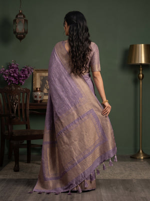 Banarasi Silk Lavender Zari Dot Brocade Border Saree with Tassels