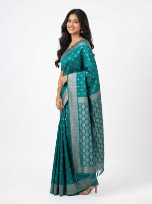 Semi Silk Teal Blue Zari Butta Saree with Geometric Pallu